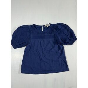 Loft Navy Blue Puff-sleeve Cotton Top Smock Detail Size XXS Petite